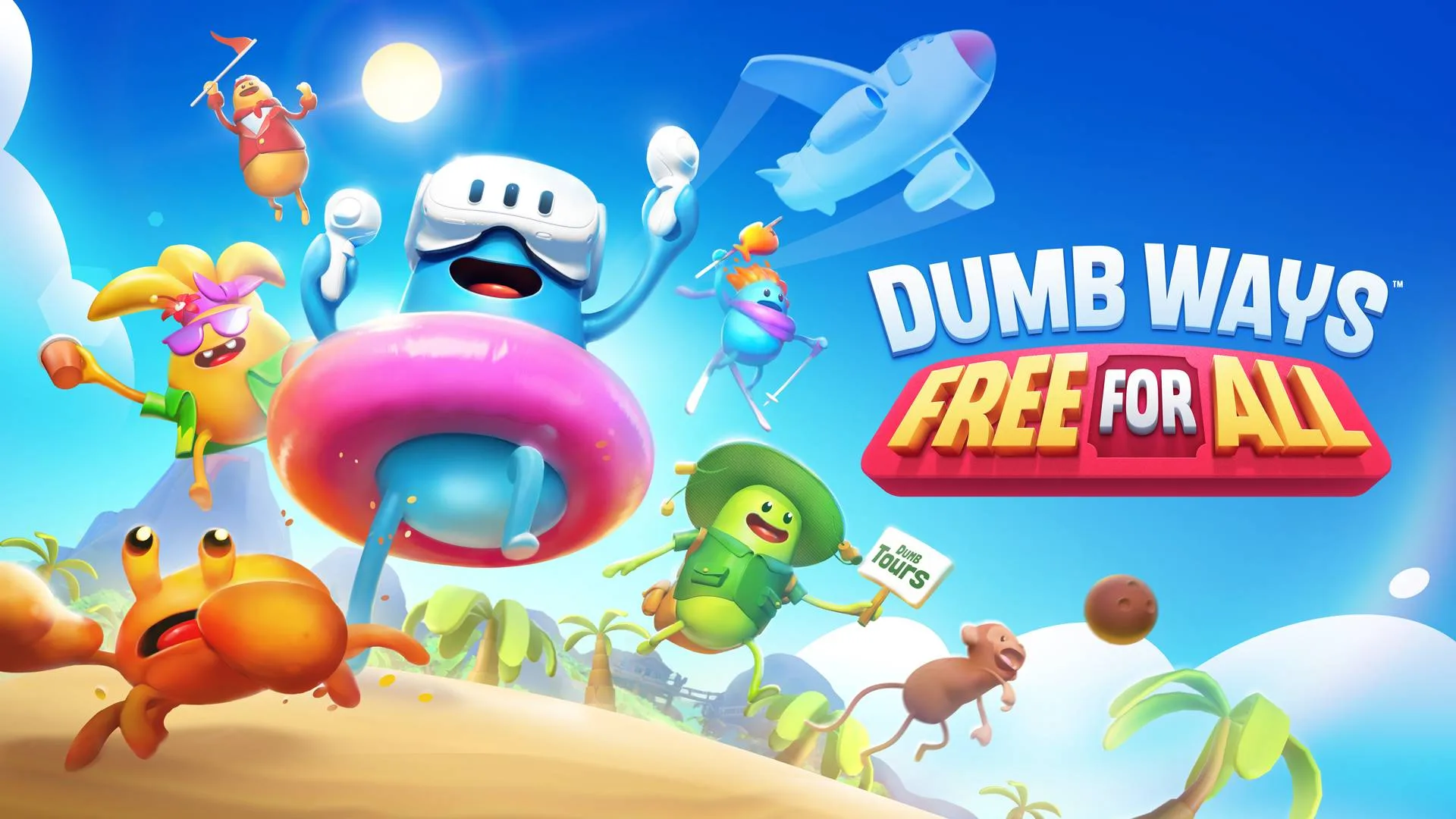 Dumb Ways: Free for All promotional art featuring multiplayer bean characters in a beach scene.