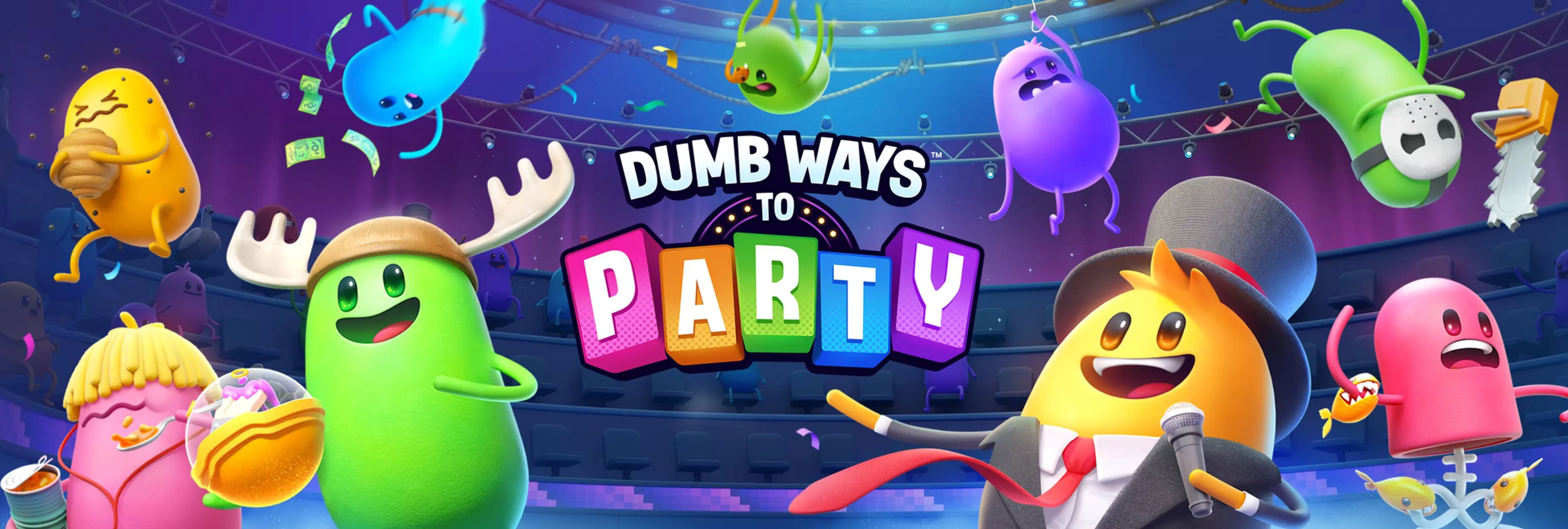 Dumb Ways to Party key art showing the bean characters and party branding.