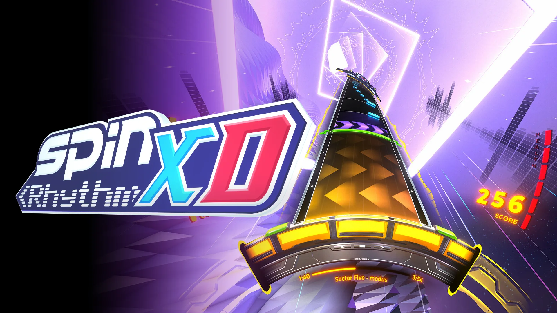 Spin Rhythm XD hero art with logo and neon track visuals.