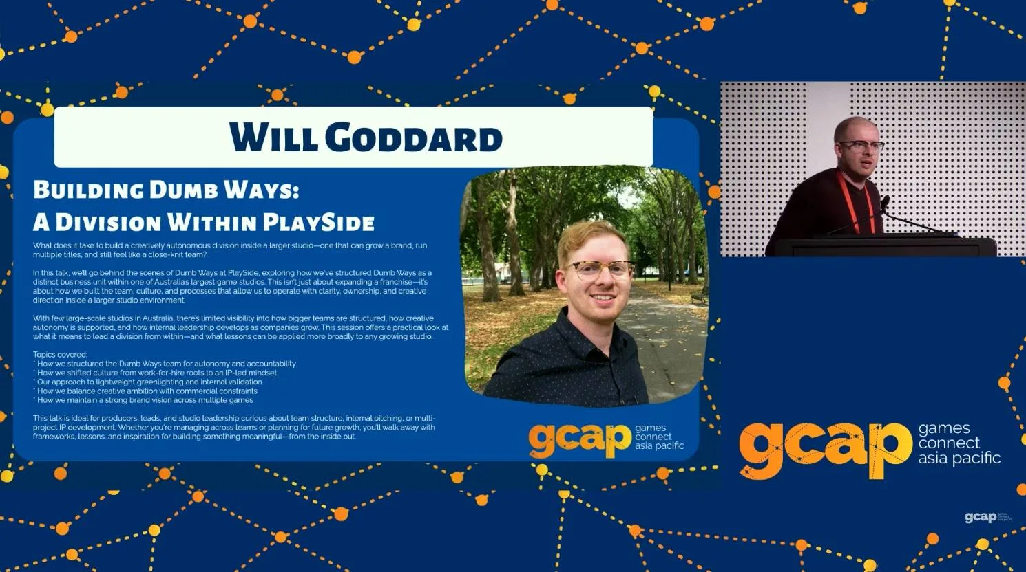 GCAP 2025 session card for Building Dumb Ways with Will Goddard speaker photo and event branding.